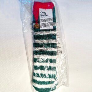 NWT Cozy Socks Elf Themed Green & White Striped Christmas Crew Socks One Size